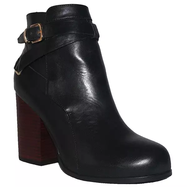 Kixters Gena - Black Leather Buckle Strap Block Heel Short Boot