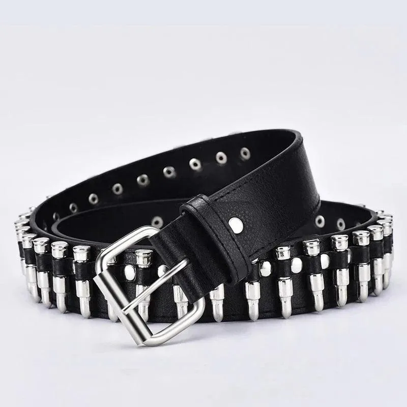 Leather punk bullet belt hollow rivet brand belt personality rock