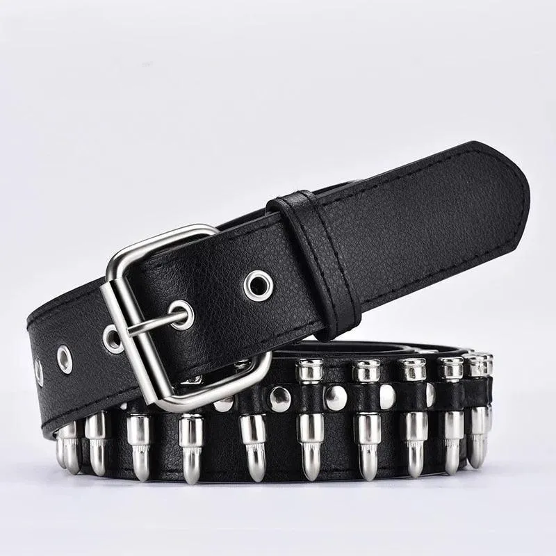 Leather punk bullet belt hollow rivet brand belt personality rock