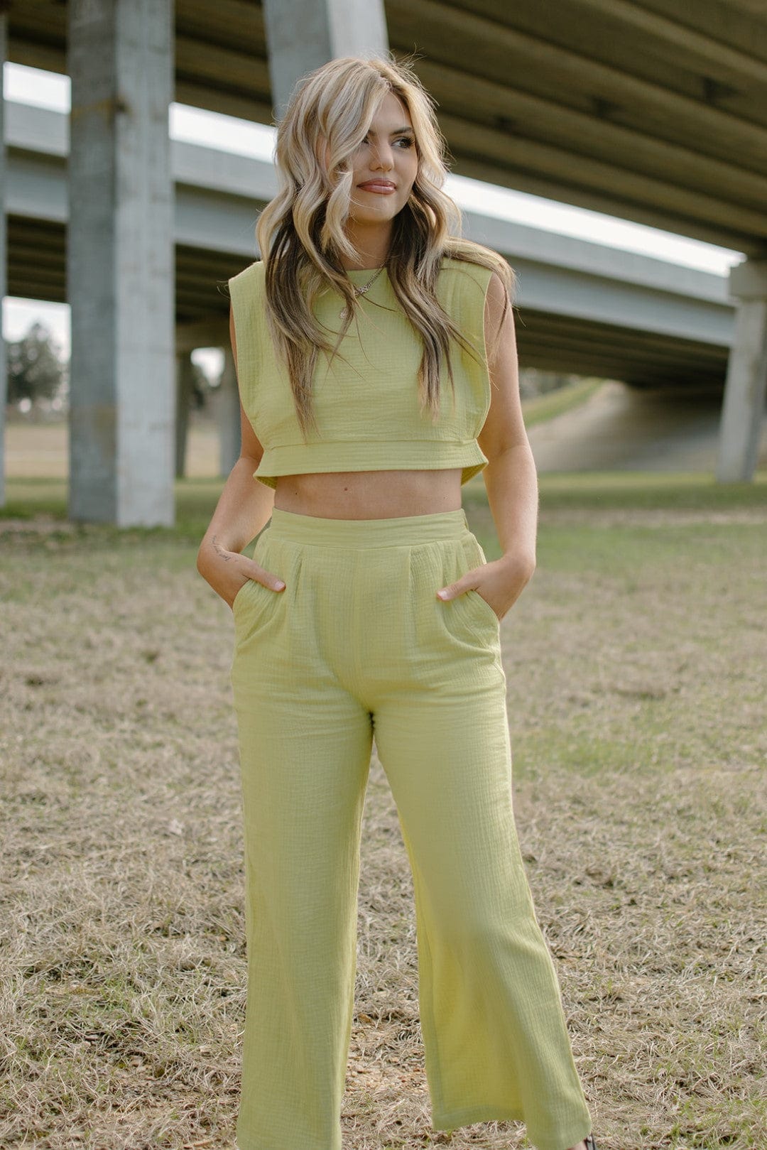 Lime Linen Set High Waist Pants