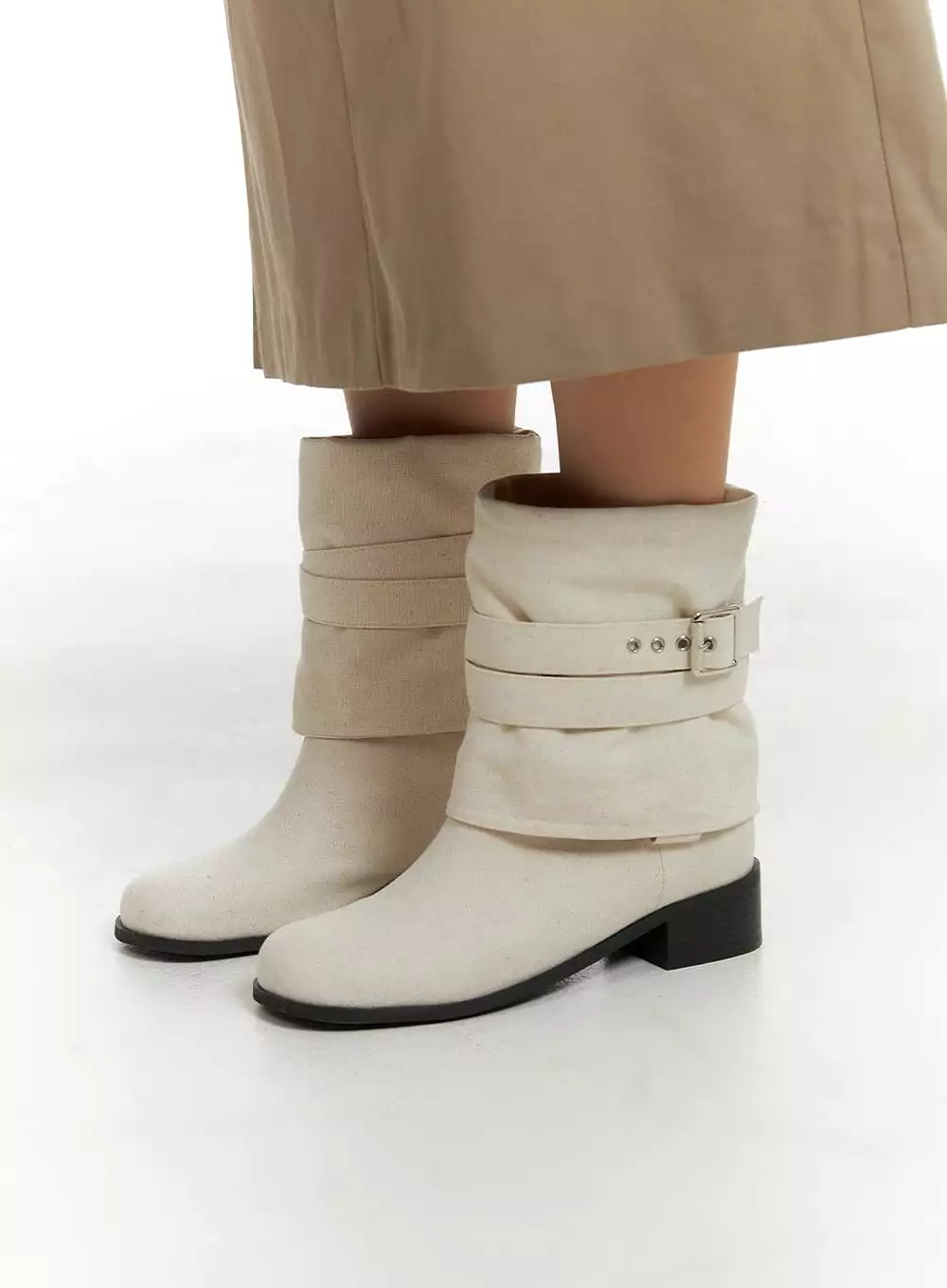 Linen Buckle Midi Boots CM422