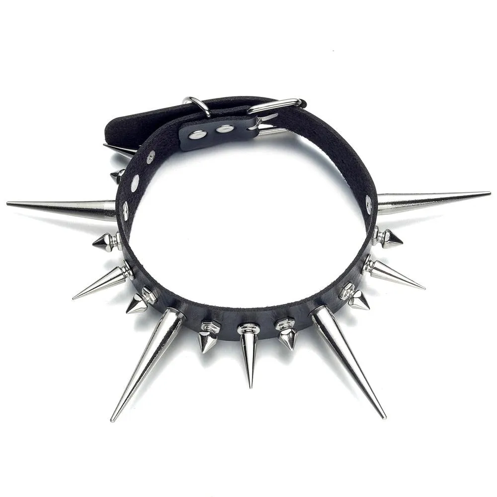 Long Spike Choker Punk Faux Leather Collar