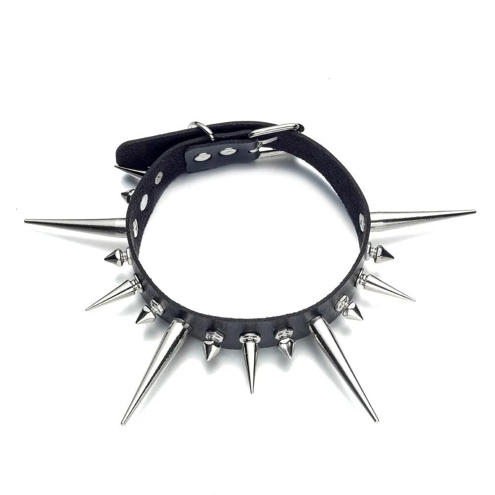 Long Spike Choker Punk Faux Leather Collar