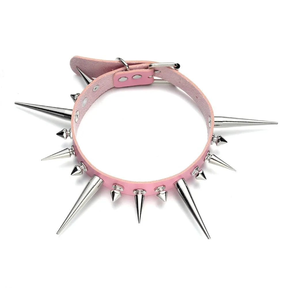 Long Spike Choker Punk Faux Leather Collar