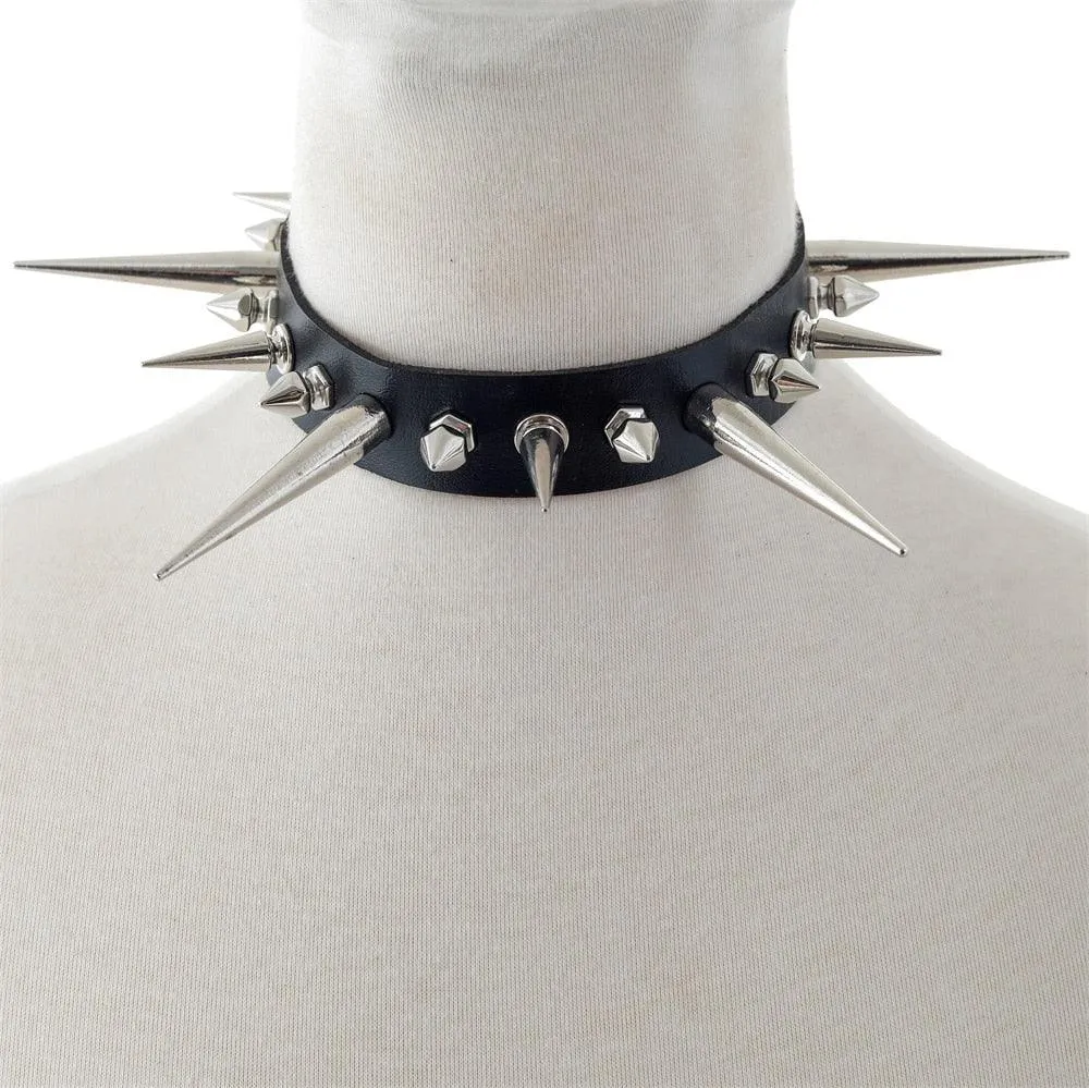 Long Spike Choker Punk Faux Leather Collar