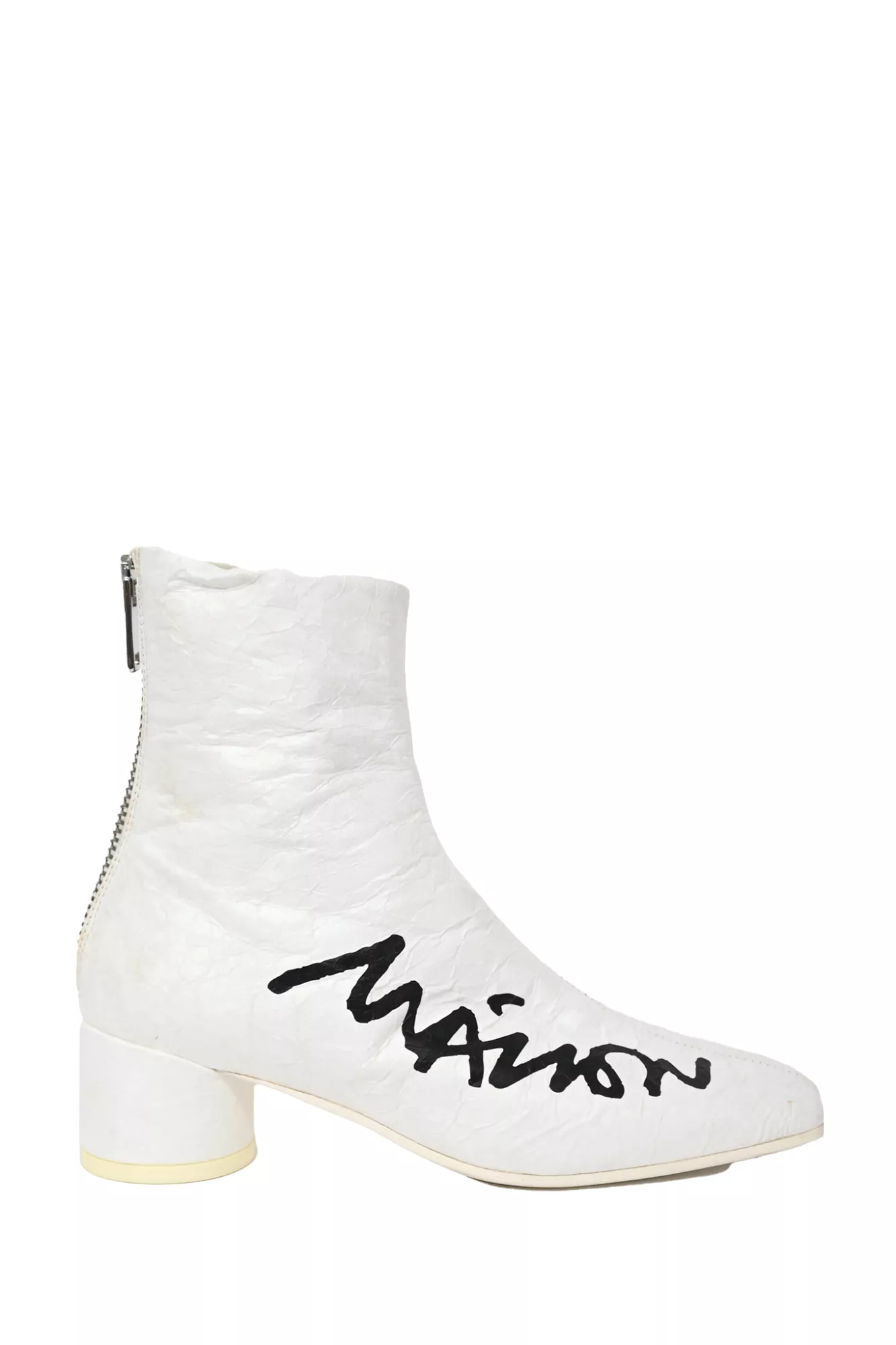 Maison Margiela White Crinkled Logo Heeled Boots Size 36