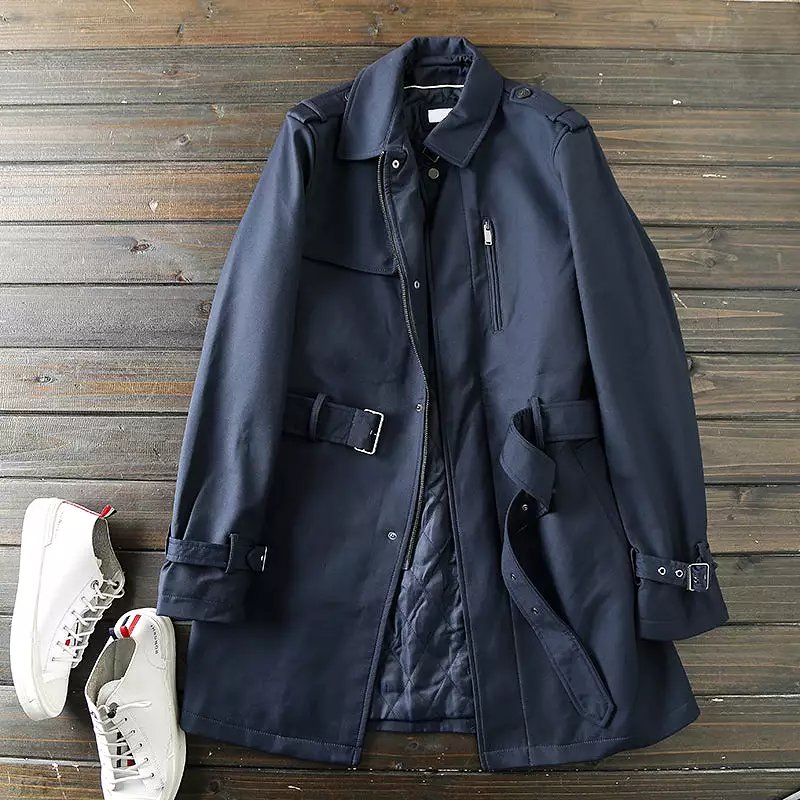 Mens Quilting Lining autumn and winter casual lapel mid-length windbreaker jacket trench coat