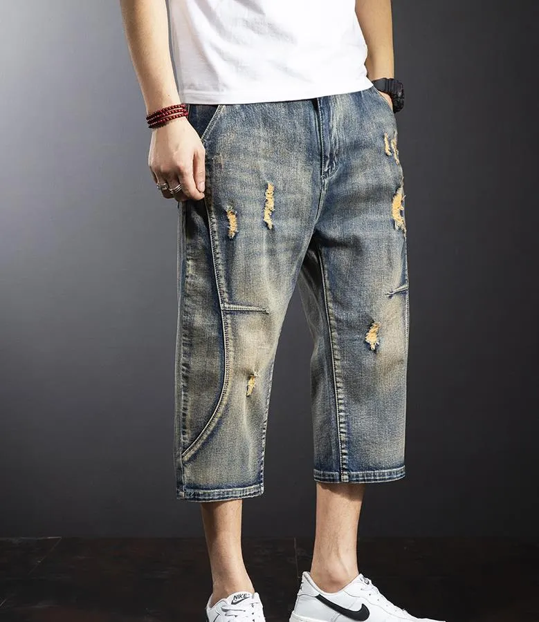 Men's Summer Fashion Patchwork Pattern Cropped Denim Loose Trousers