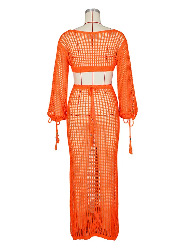 Momnfancy Chic Orange Crochet Knitwear Cutout Bare Waist Transparent Vacation Photoshoot Cover-Ups Maternity Maxi Dress