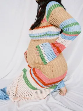 Momnfancy Elegant Light Blue Colorful Striped Hit Color Crochet Knitwear Hollow Maternity Photoshoot Maxi Dress