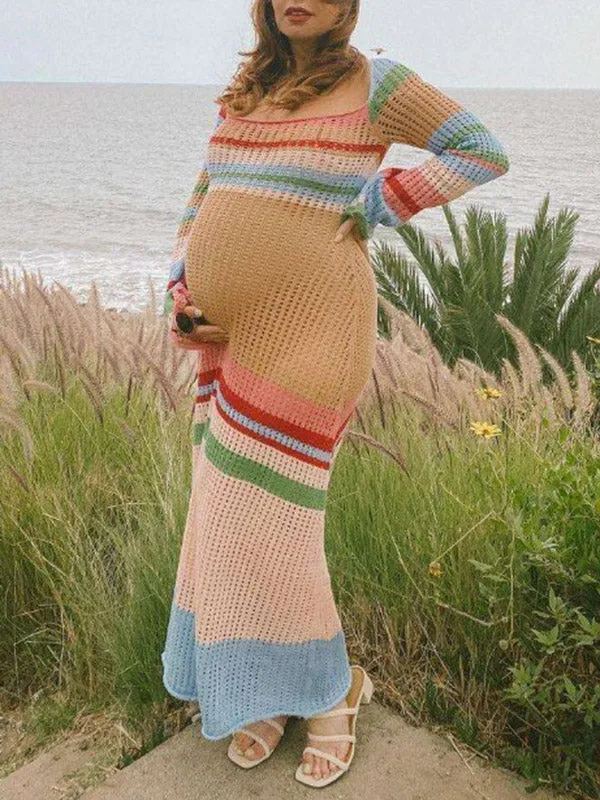 Momnfancy Elegant Light Blue Colorful Striped Hit Color Crochet Knitwear Hollow Maternity Photoshoot Maxi Dress