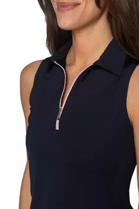 Navy/Light Pink Sleeveless Zip Contrast Polo