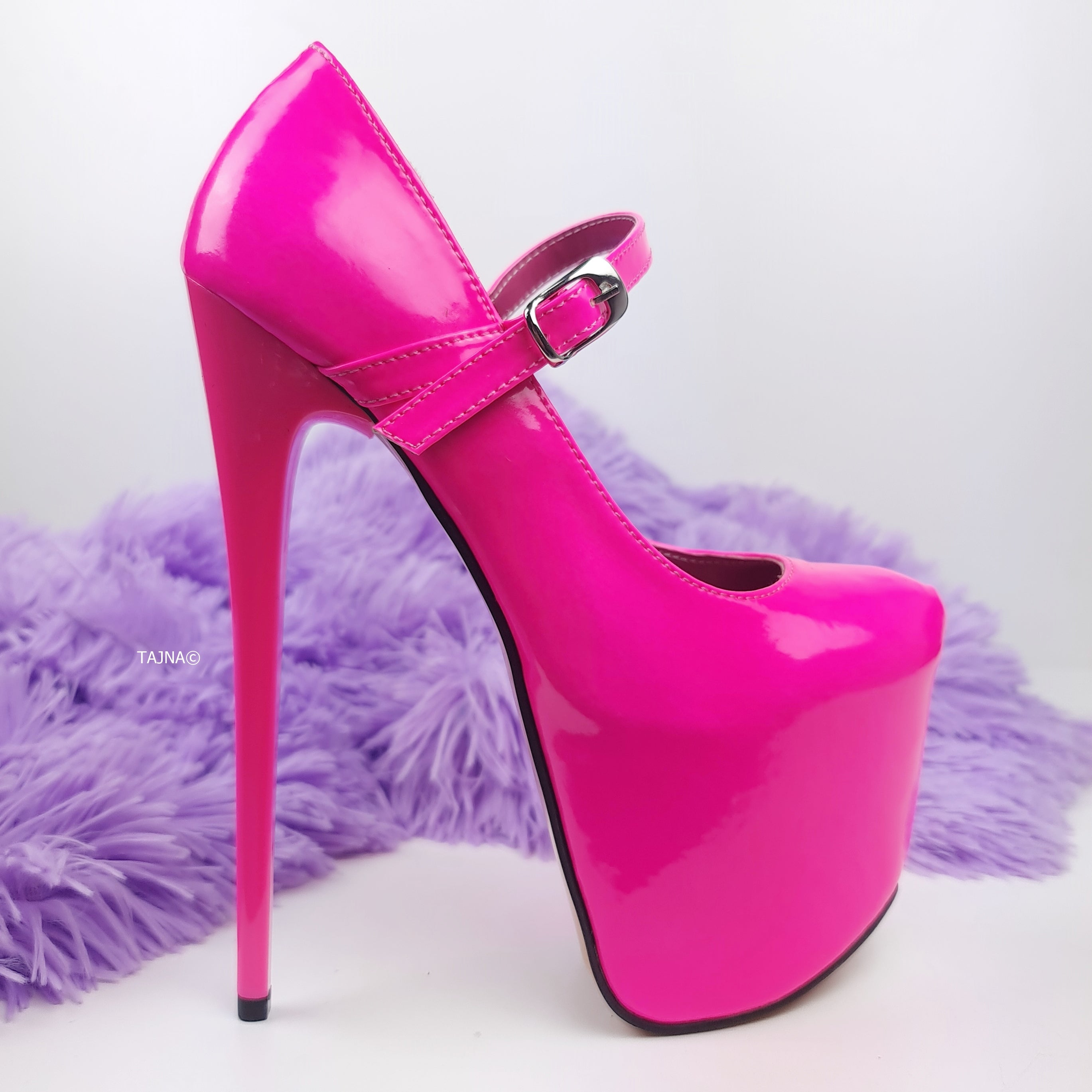 Neon Pink Gloss Mary Jane High Heel Pumps