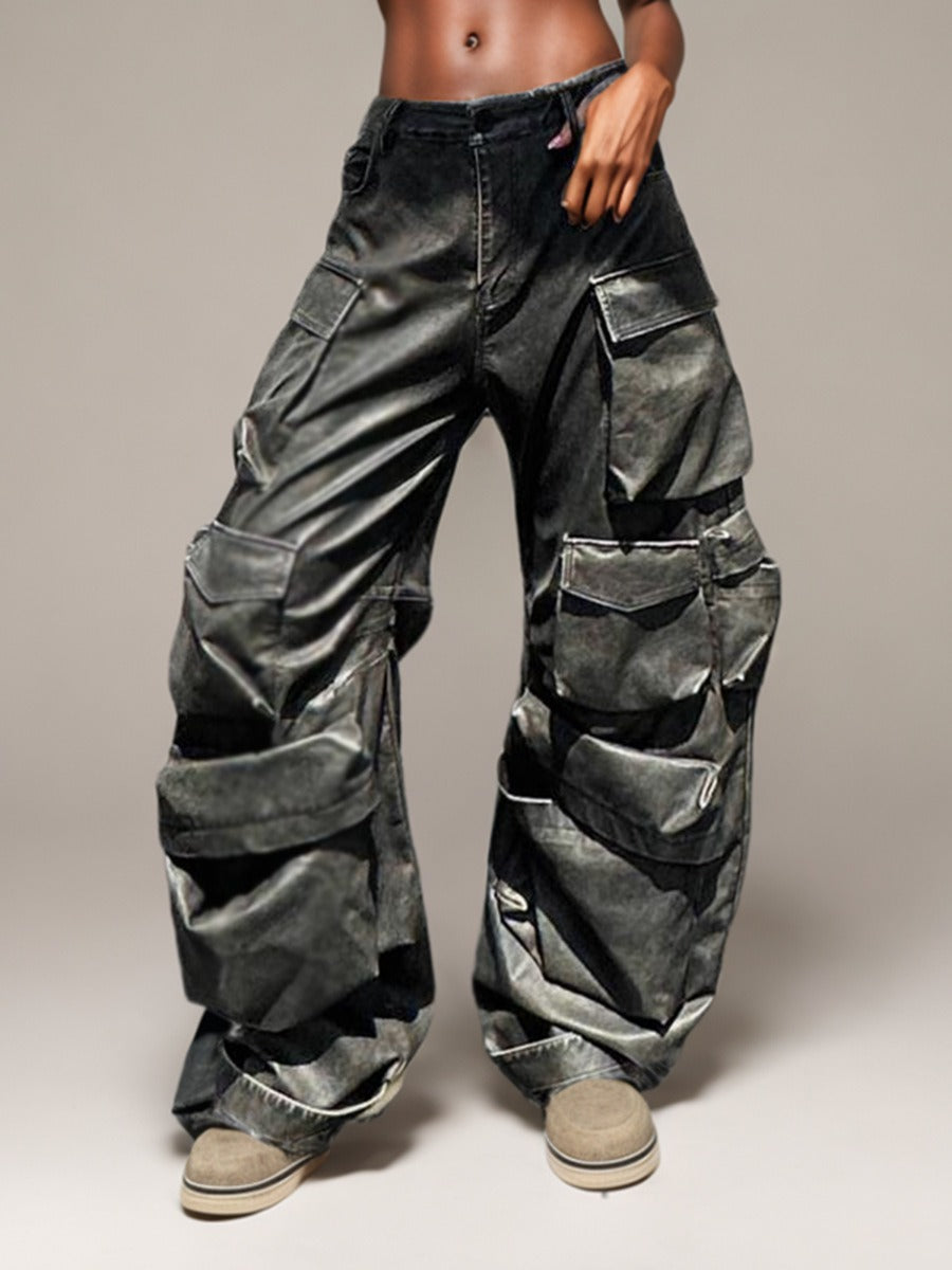 Old work Patchwork Pockets High Waisted leg leather Pants