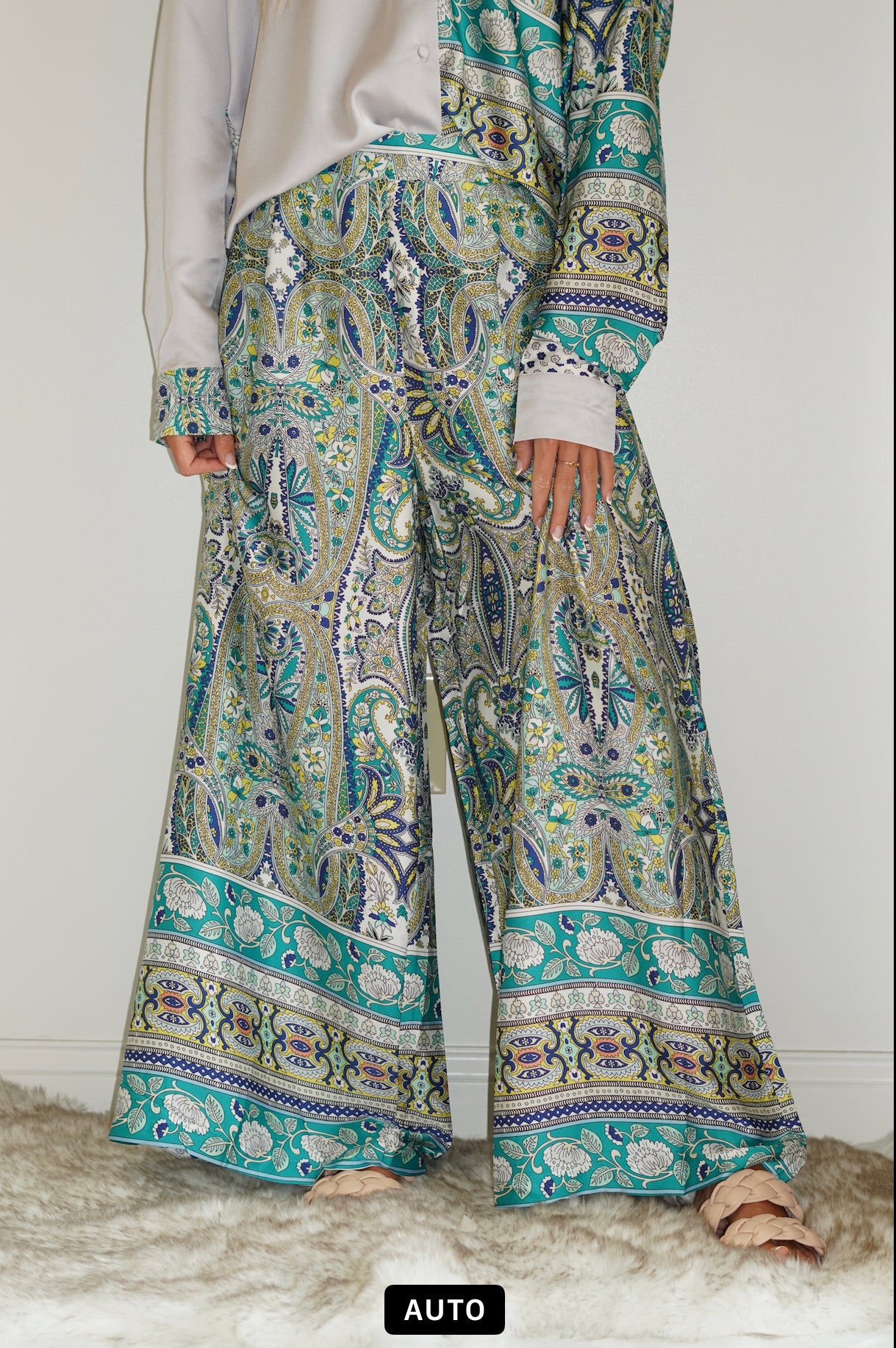 Paisley Satin Print Wide Leg Pants