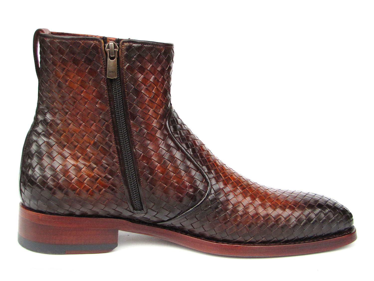 Paul Parkman Brown Burnished Woven Leather Zipper Boots - BT269BRW