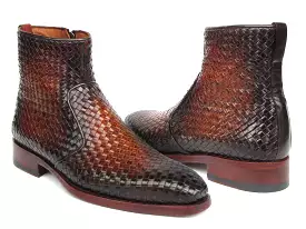 Paul Parkman Brown Burnished Woven Leather Zipper Boots - BT269BRW