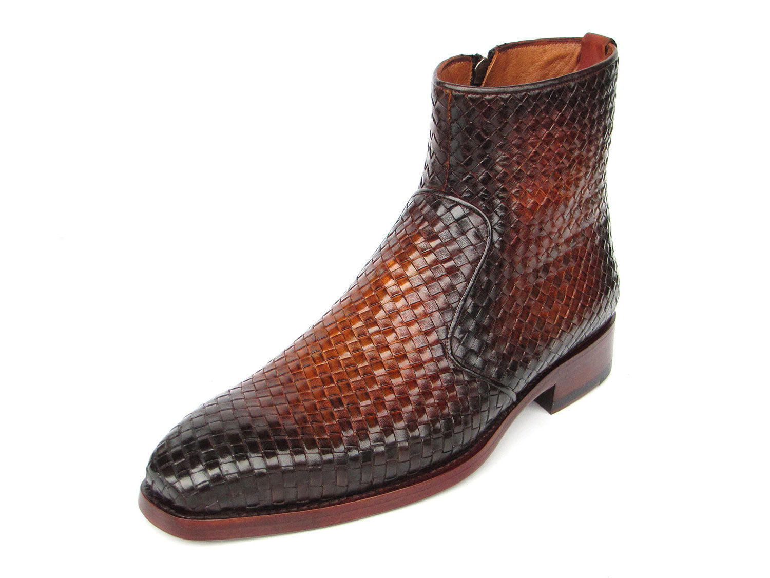 Paul Parkman Brown Burnished Woven Leather Zipper Boots - BT269BRW