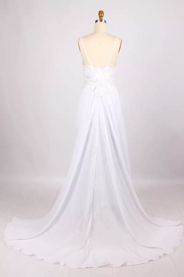 Popular Sphagetti Lace With Side Slit Open Back Sweep Train Beach Wedding Dresses