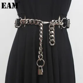 Pu Leather Black Thick Metal Chain Long Wide Belt