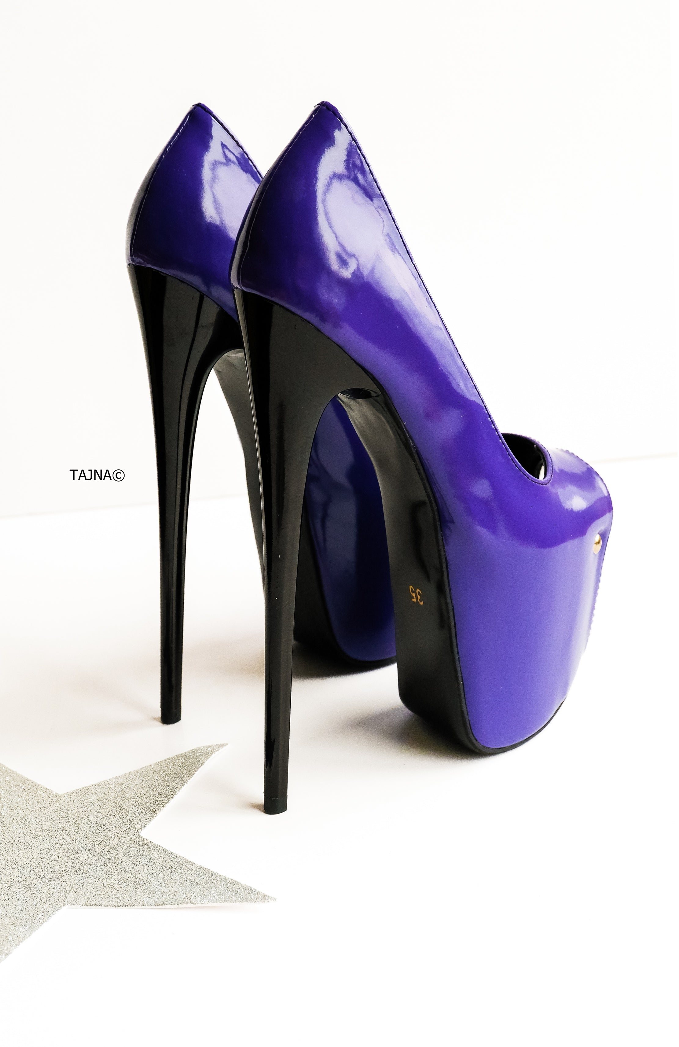 Purple Black Gloss Peep Toe High Heel Pumps