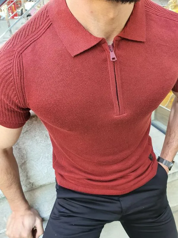 Rawlins Claret Red Slim Fit Collar Neck Zipper Knitwear T-Shirt