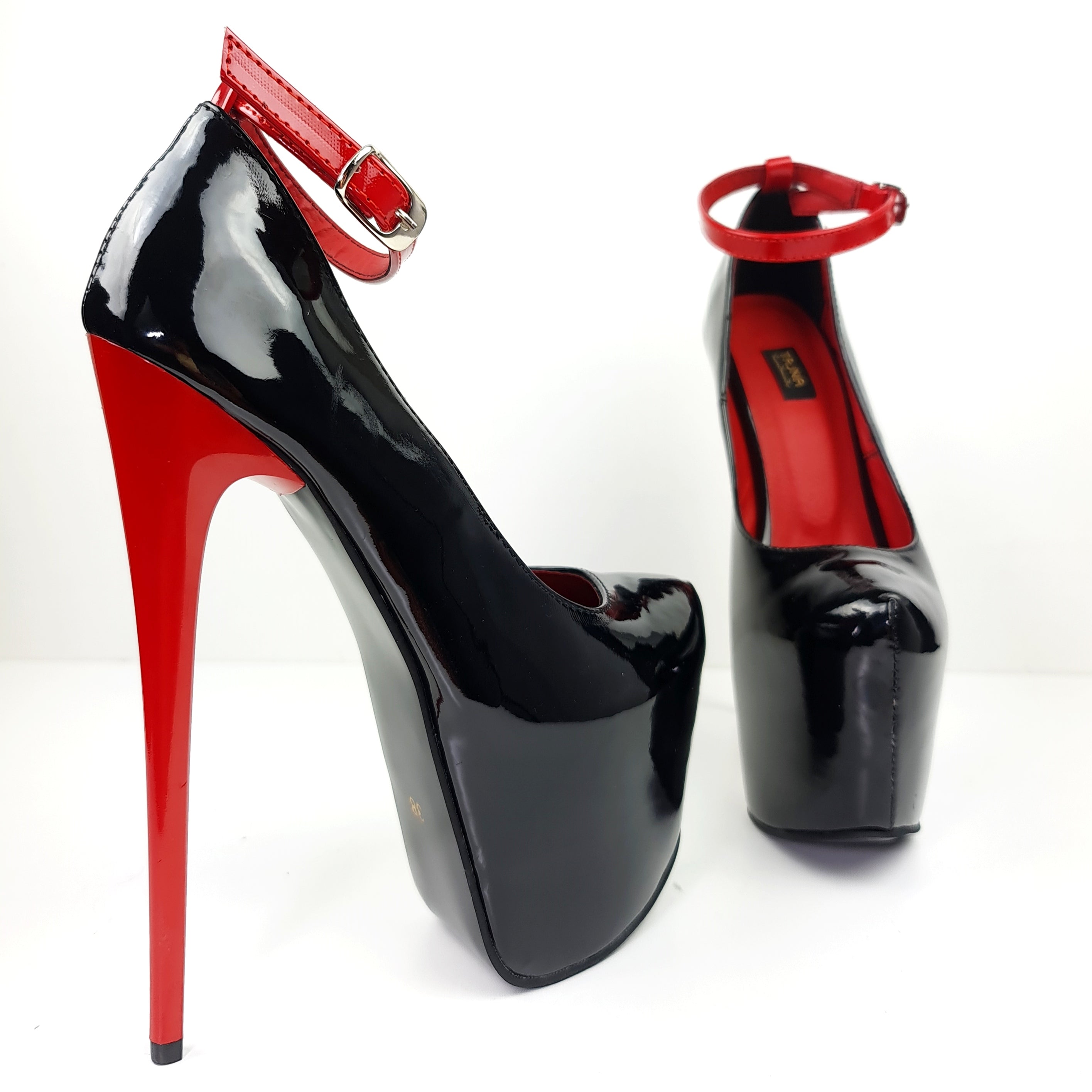 Red Black Gloss Ankle Strap High Heel Pumps