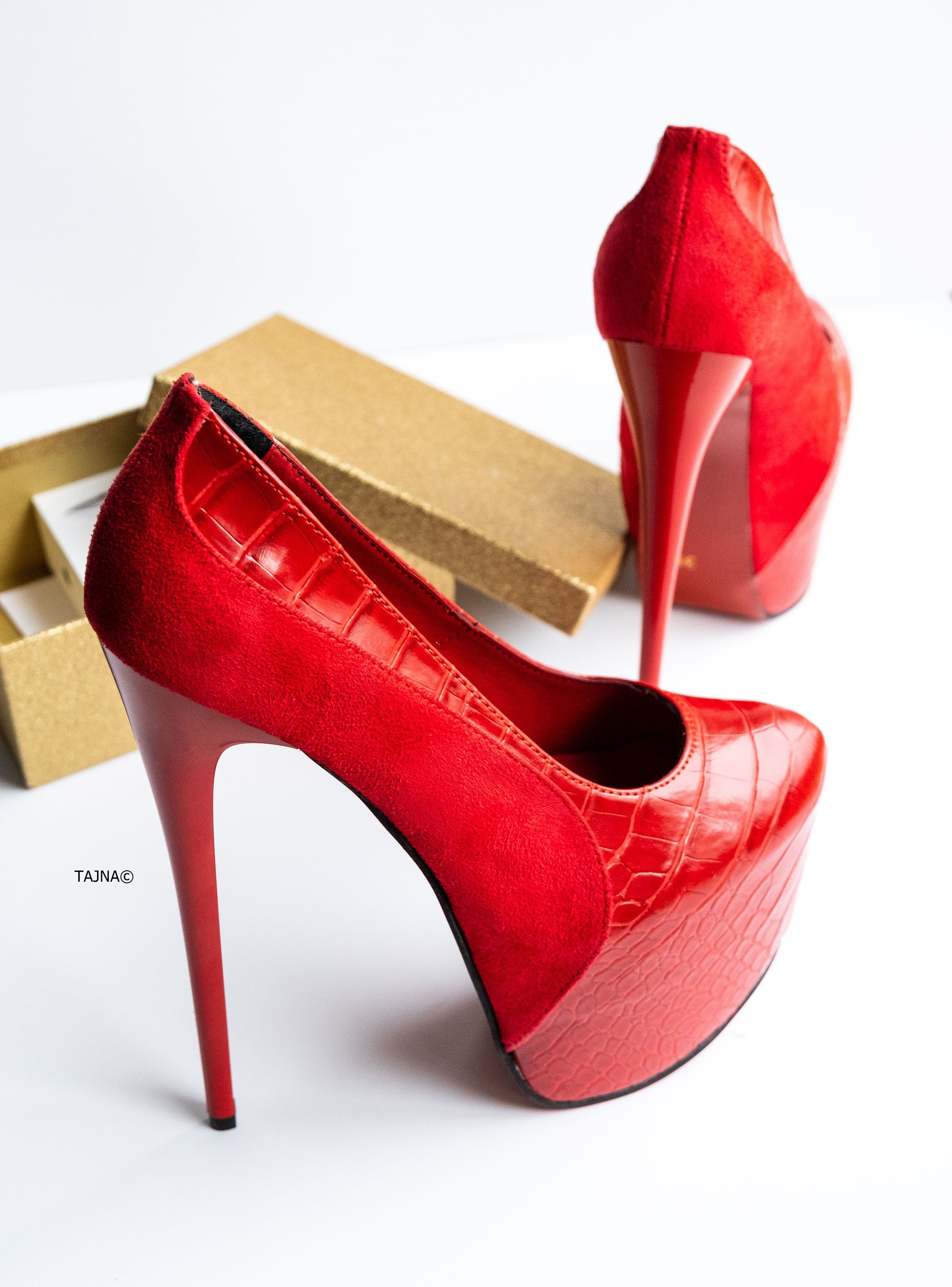 Red Suede Croco Detail High Heel Pumps