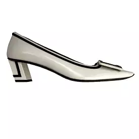 Roger Vivier 690 Ivory & Black Patent Trim Block Heel Pumps 37.5