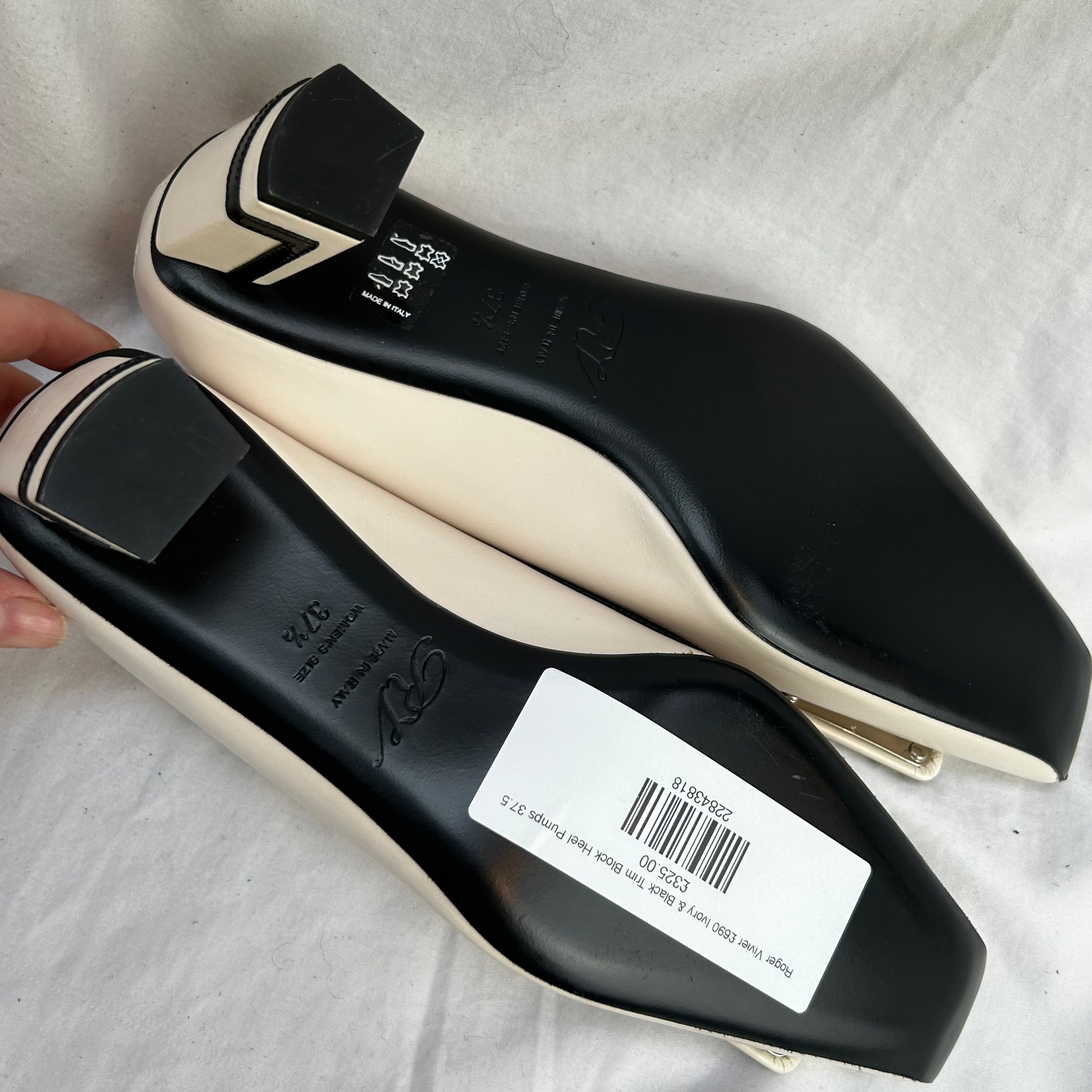 Roger Vivier 690 Ivory & Black Patent Trim Block Heel Pumps 37.5