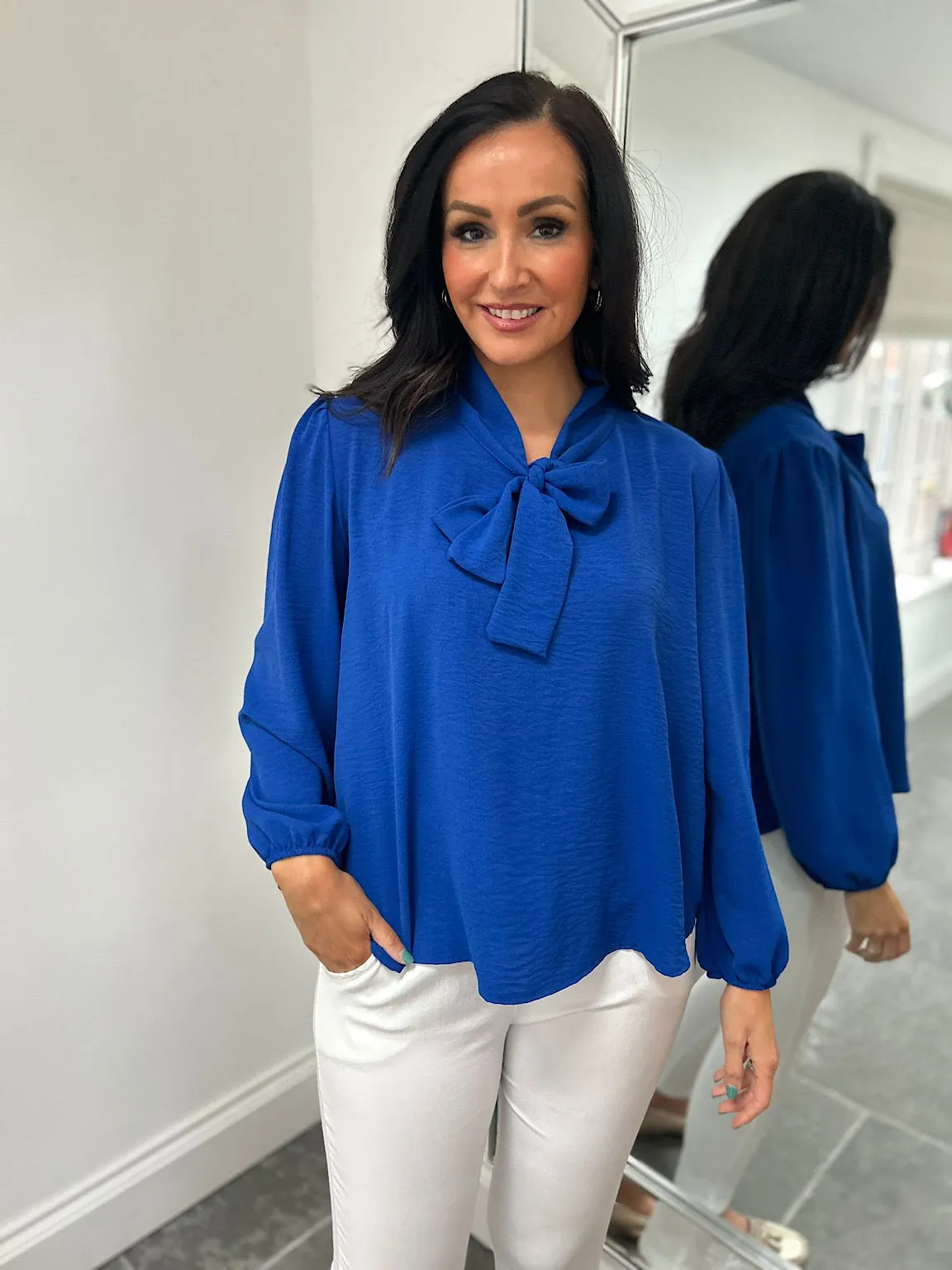 Royal Blue Tie Neck Blouse Grace