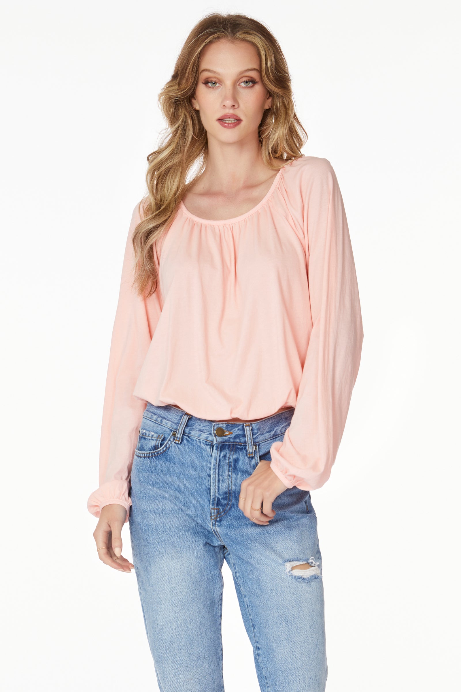 SHIRRED BOATNECK LONG SLEEVE TOP