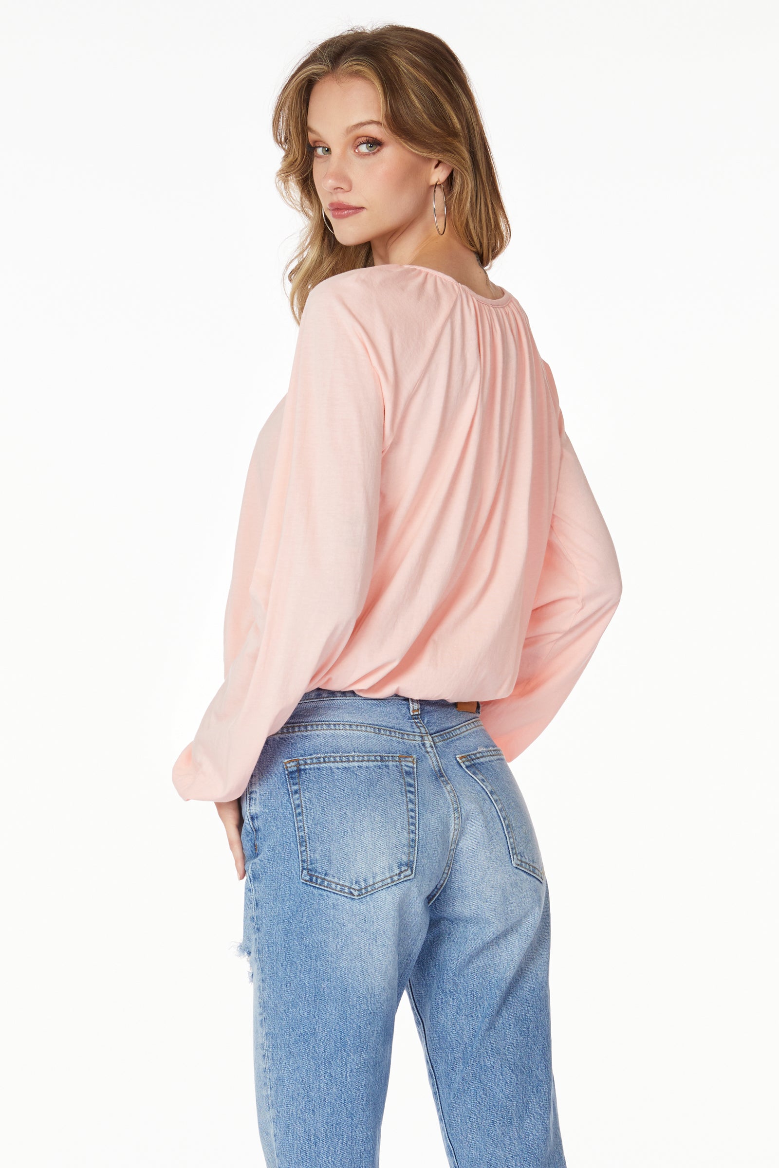 SHIRRED BOATNECK LONG SLEEVE TOP