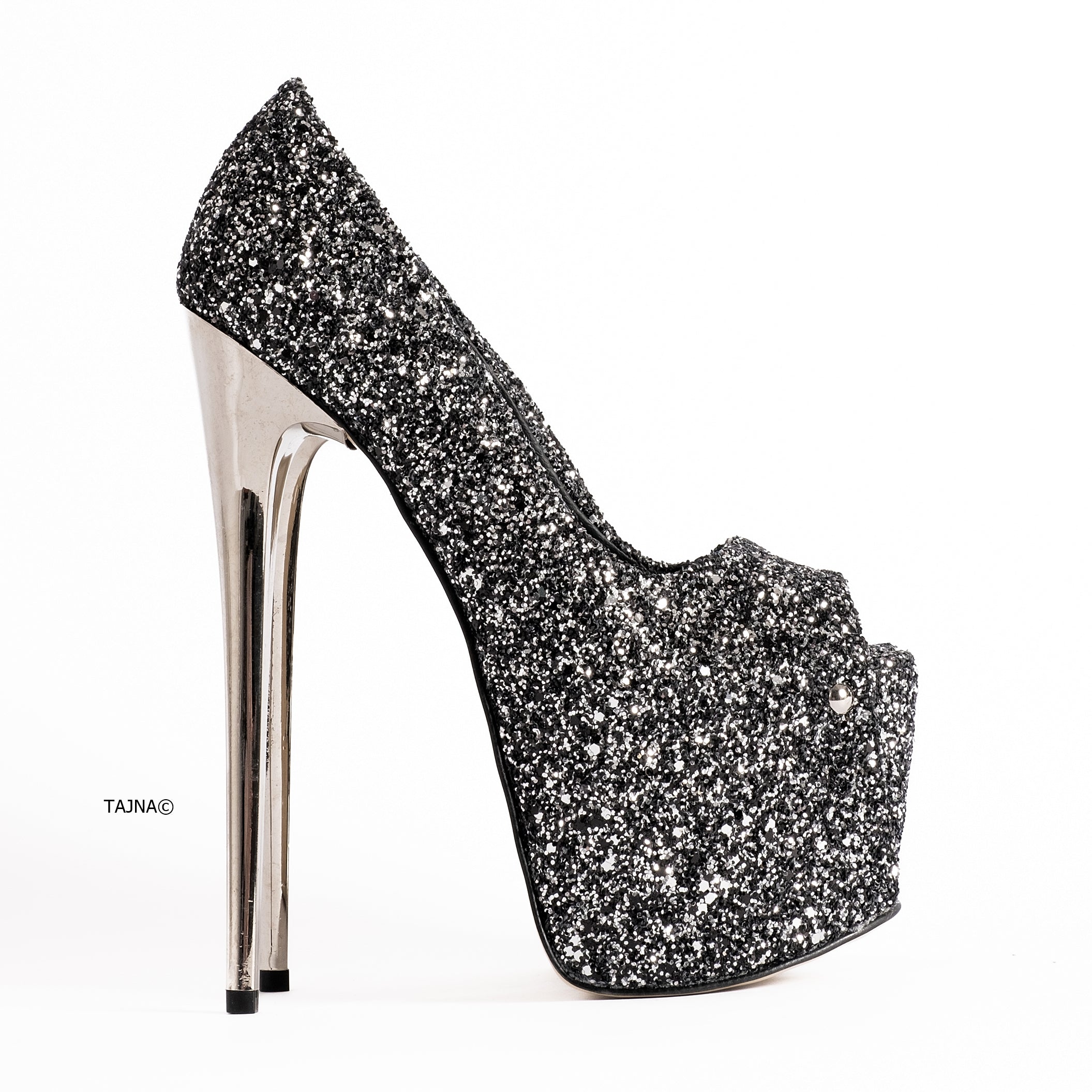 Silver Glitter Peep Toe Metallic High Heel Pumps