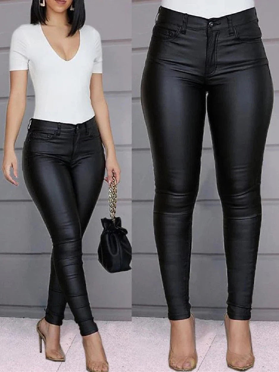 Skinny Leather Pants with High Waist and Side Pockets