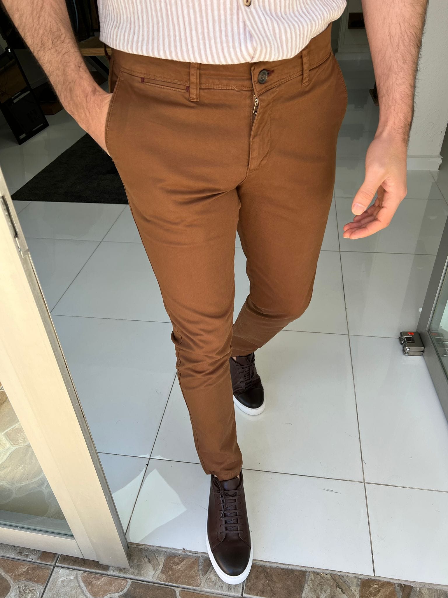 Slim Fit Cotton Camel Pants