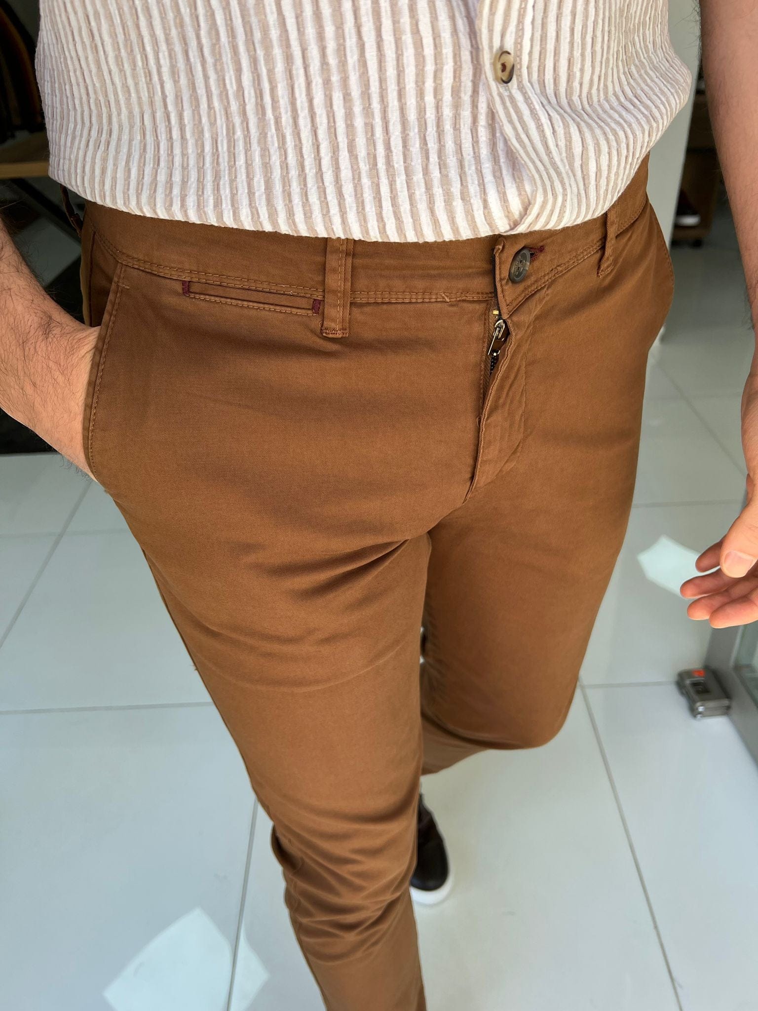 Slim Fit Cotton Camel Pants