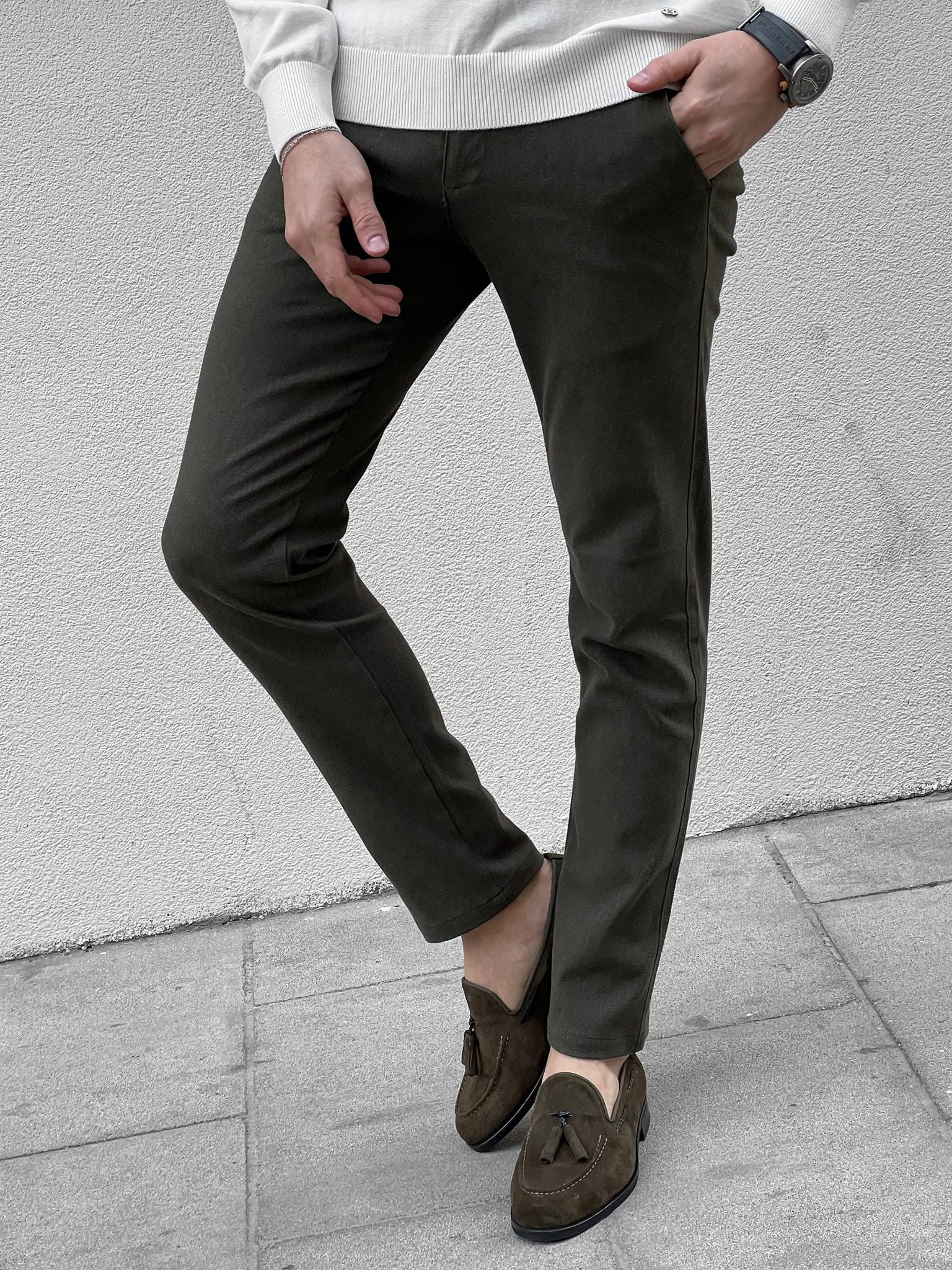 Slim Fit Self Patterned Khaki Cotton Pants