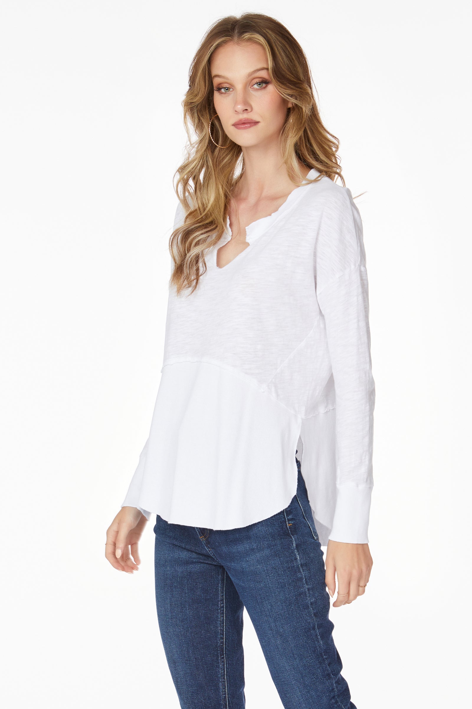 SPLIT NECK RIB MIX LAYERED TEE