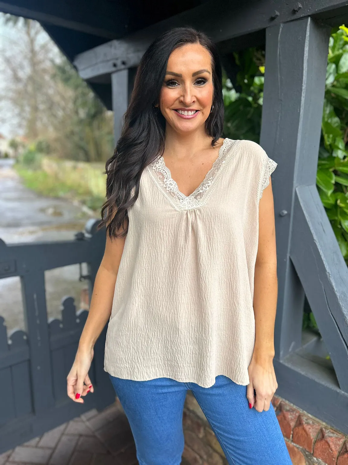 Stone V Neck Lace Trim Top Brianna