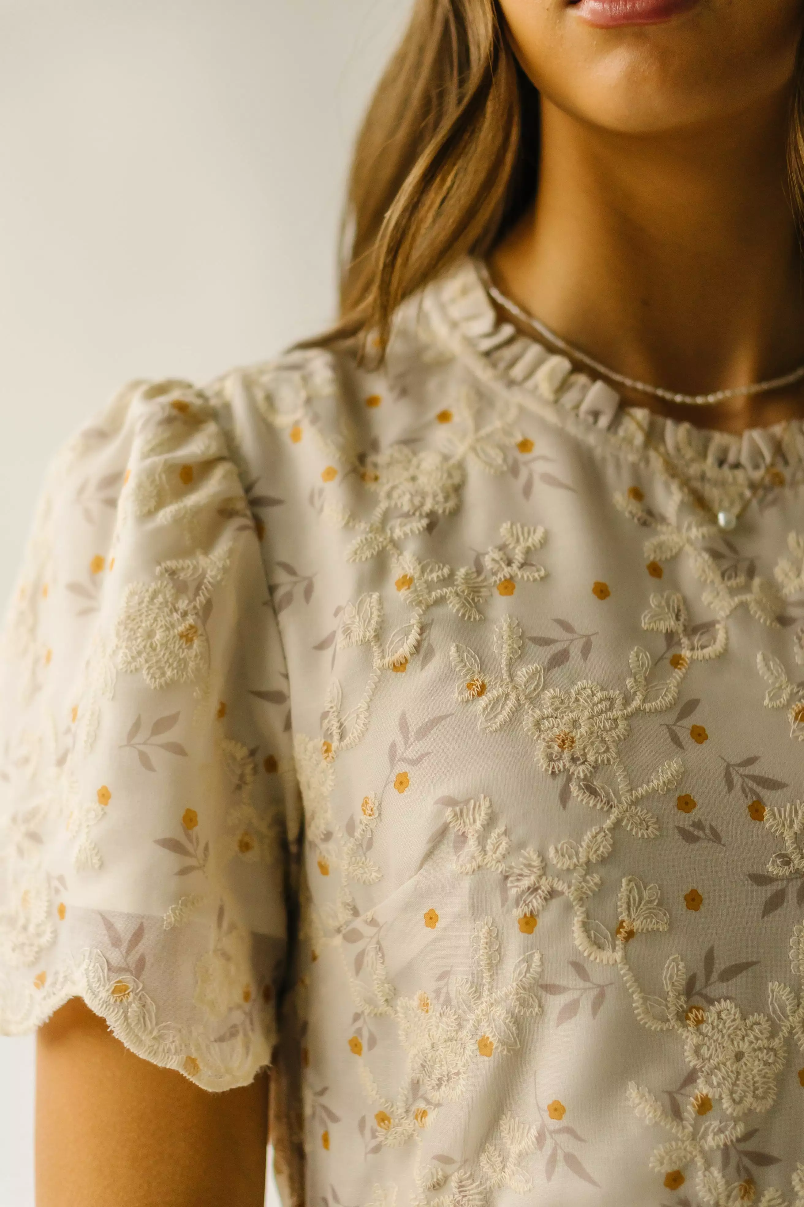 The Annetta Embroidered Detail Dress in Ivory + Marigold