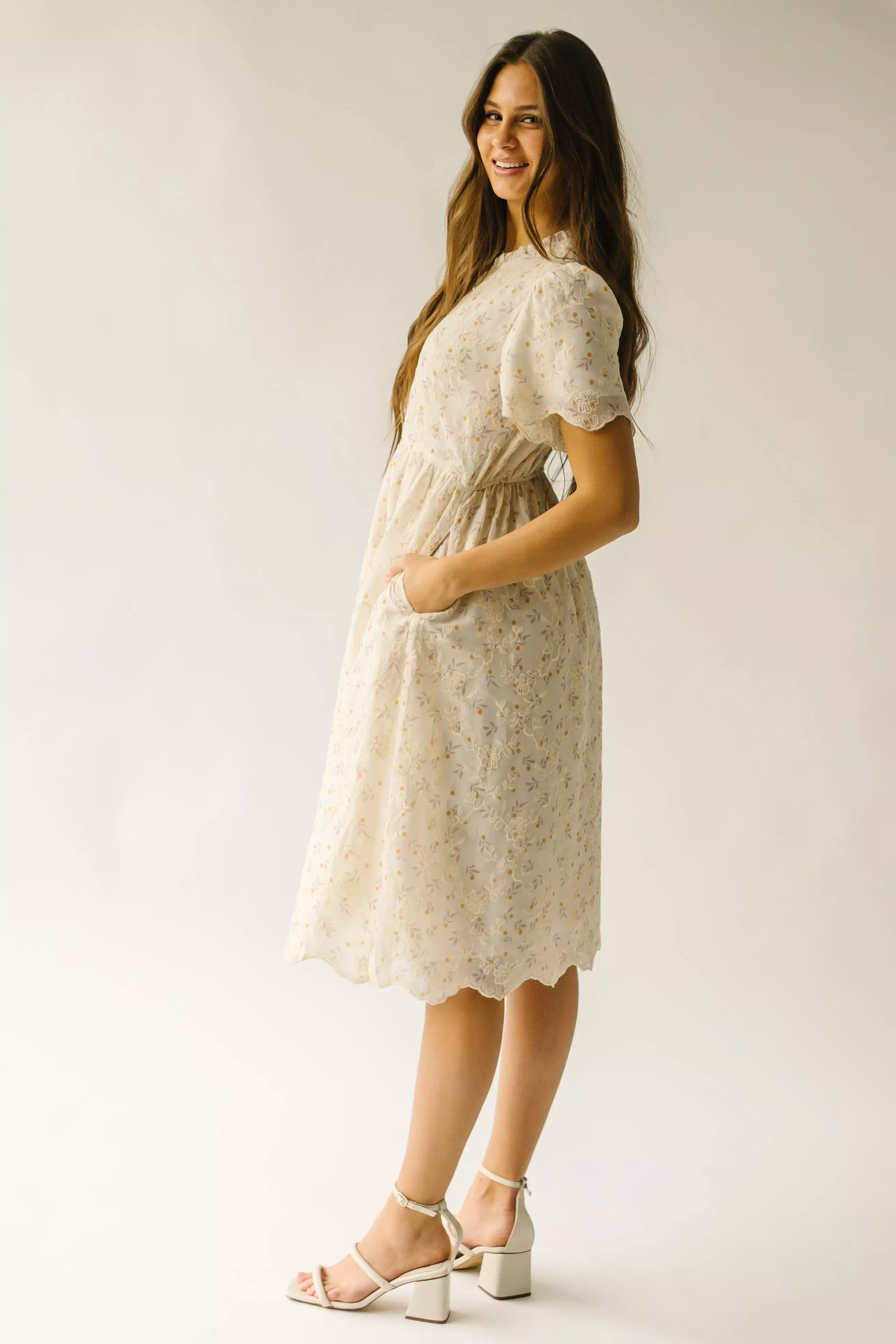 The Annetta Embroidered Detail Dress in Ivory + Marigold