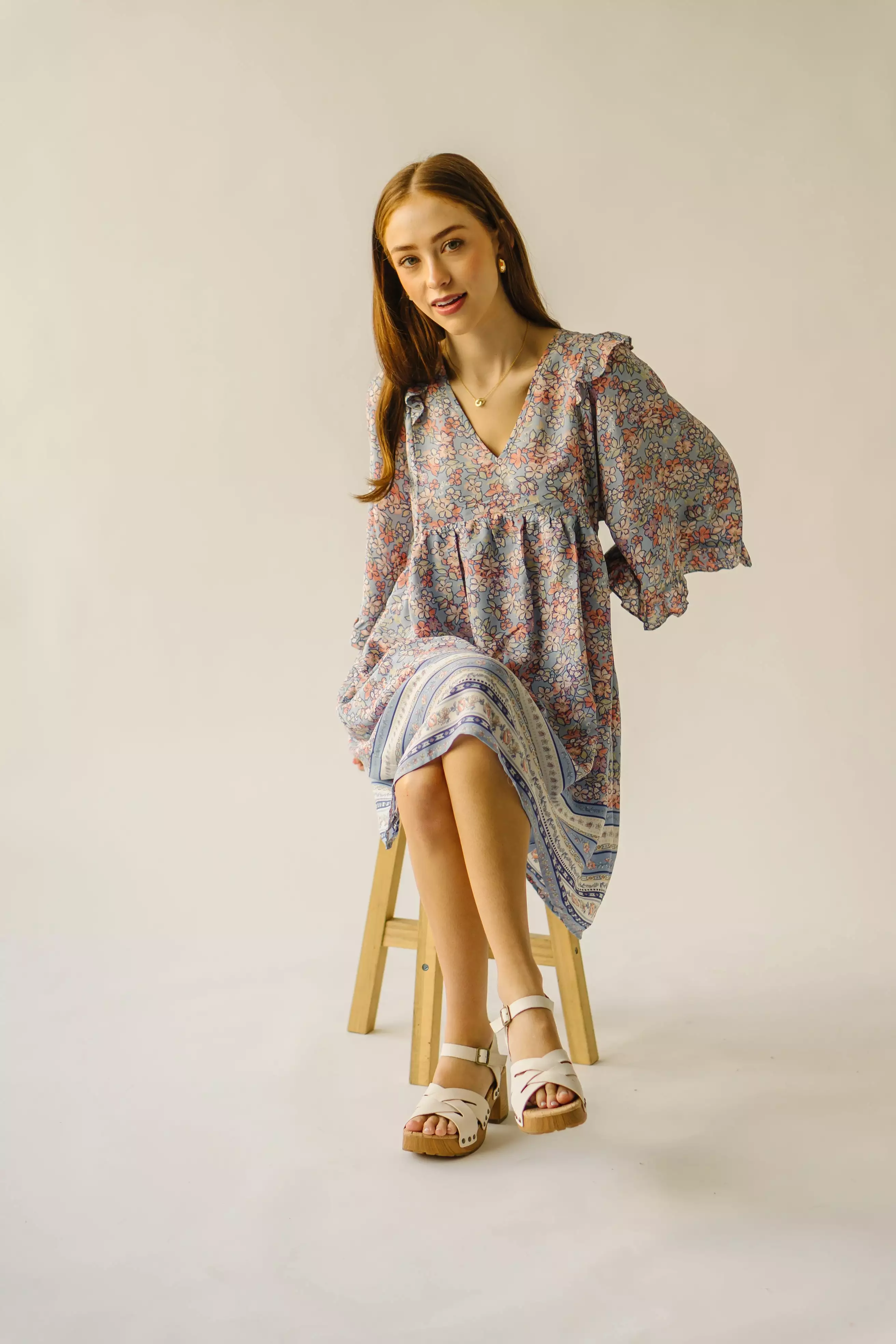 The Bethania Kimono Sleeve Babydoll Dress in Iris Blue