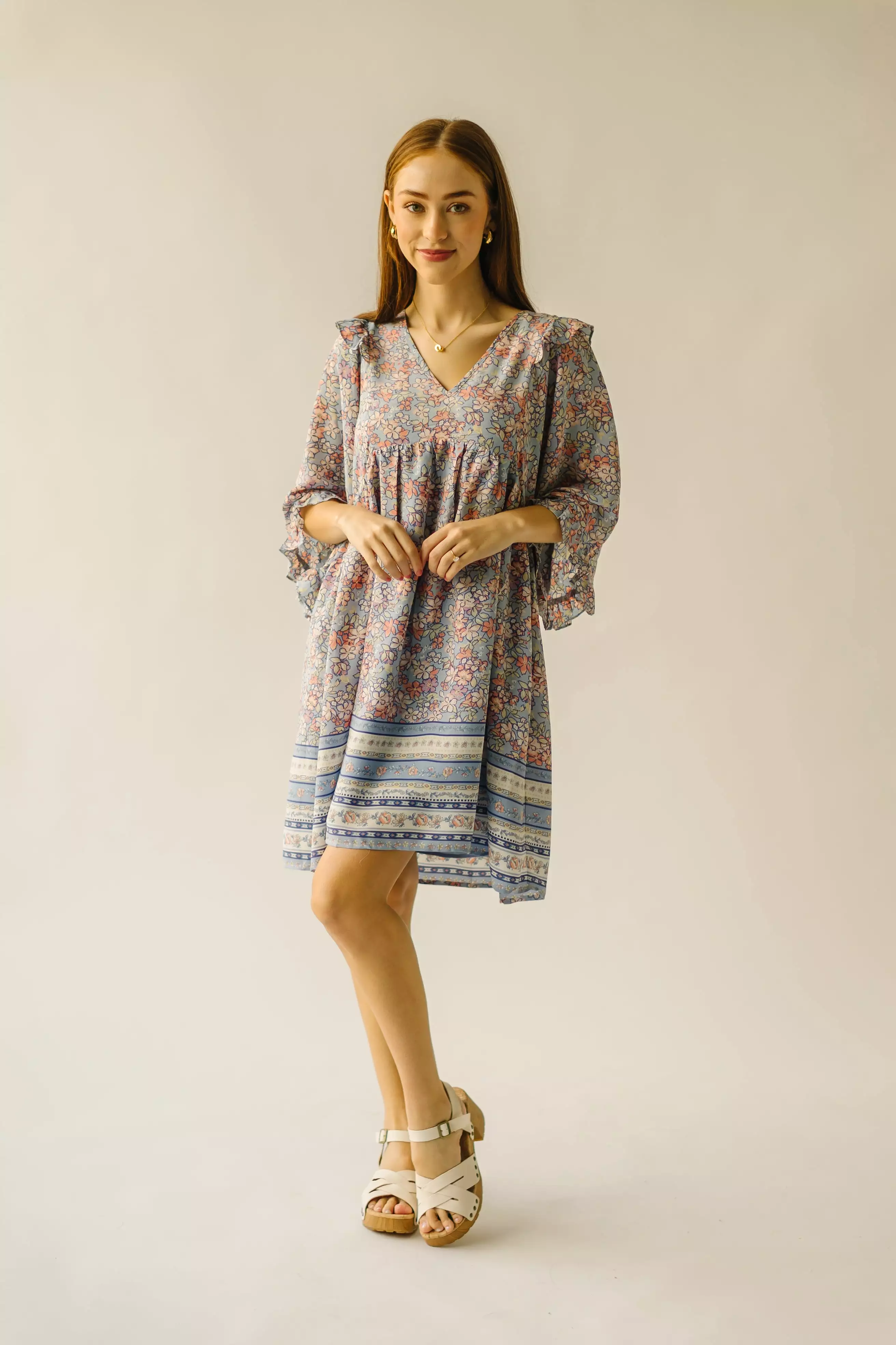 The Bethania Kimono Sleeve Babydoll Dress in Iris Blue