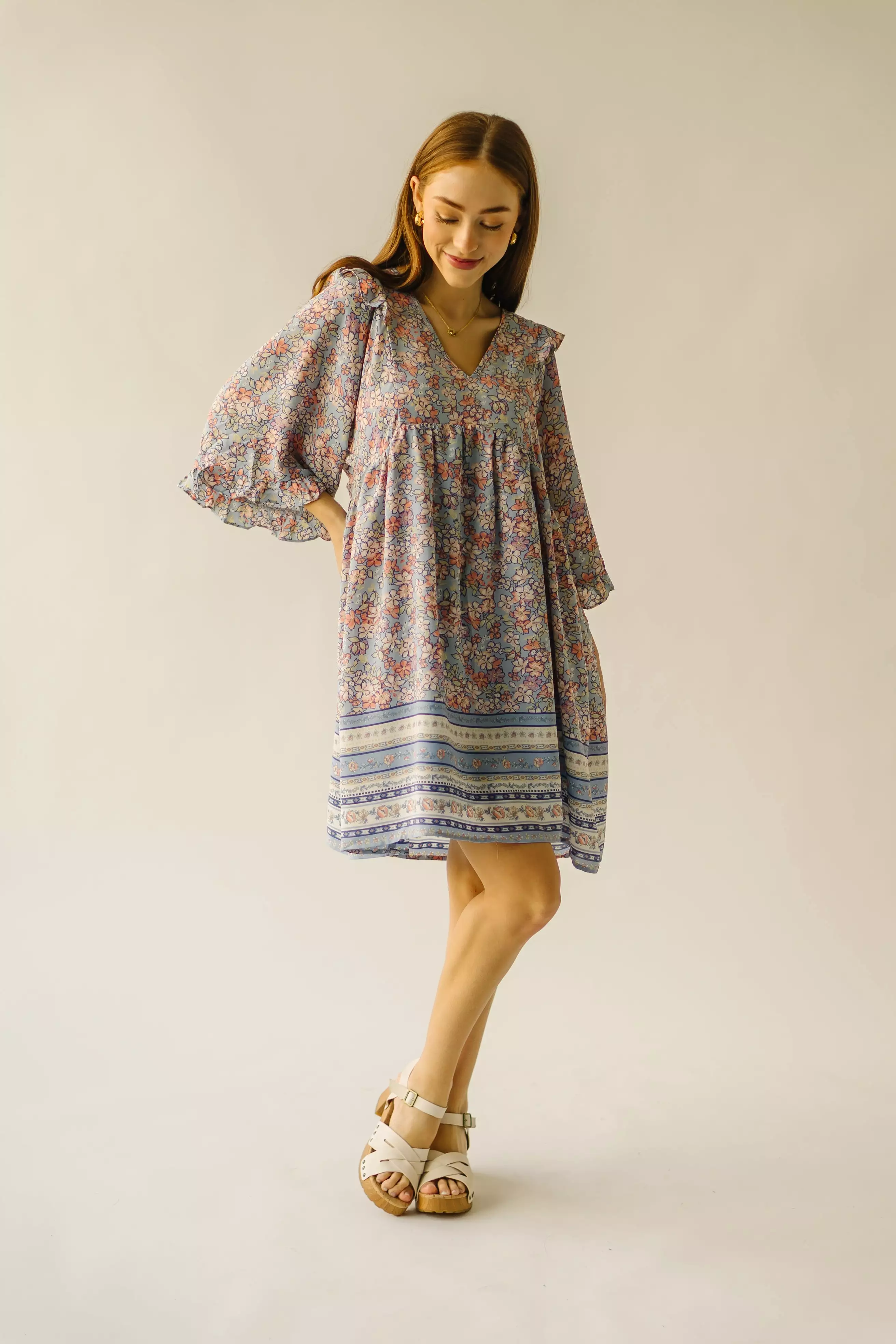 The Bethania Kimono Sleeve Babydoll Dress in Iris Blue