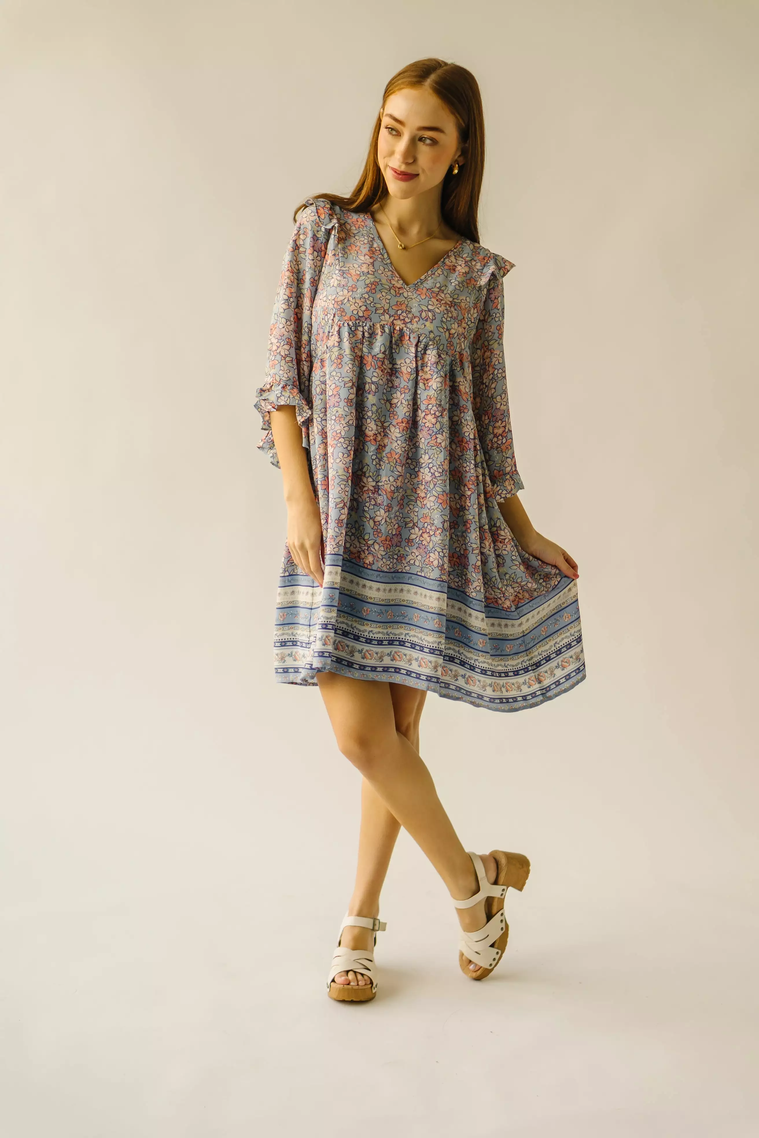 The Bethania Kimono Sleeve Babydoll Dress in Iris Blue