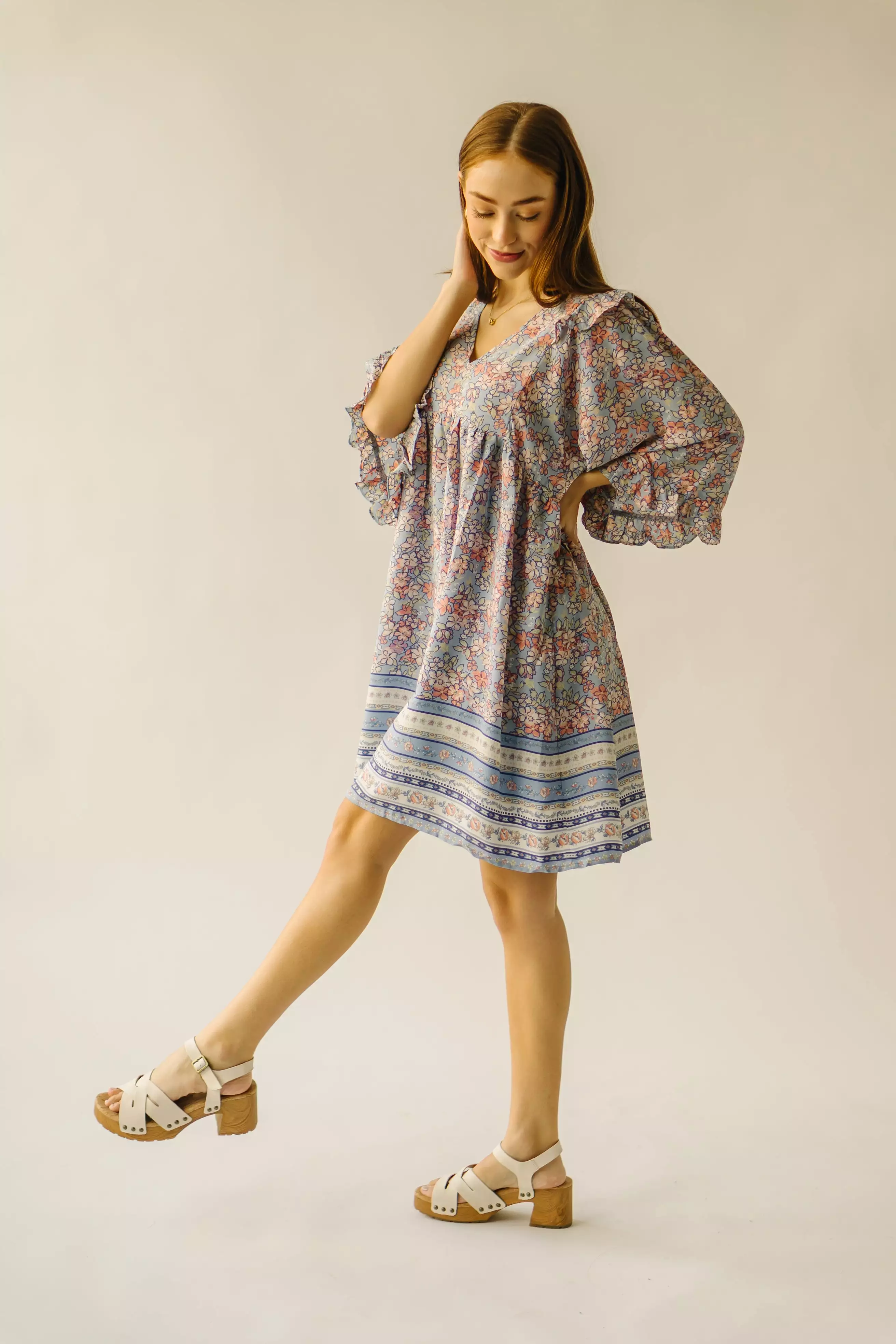 The Bethania Kimono Sleeve Babydoll Dress in Iris Blue