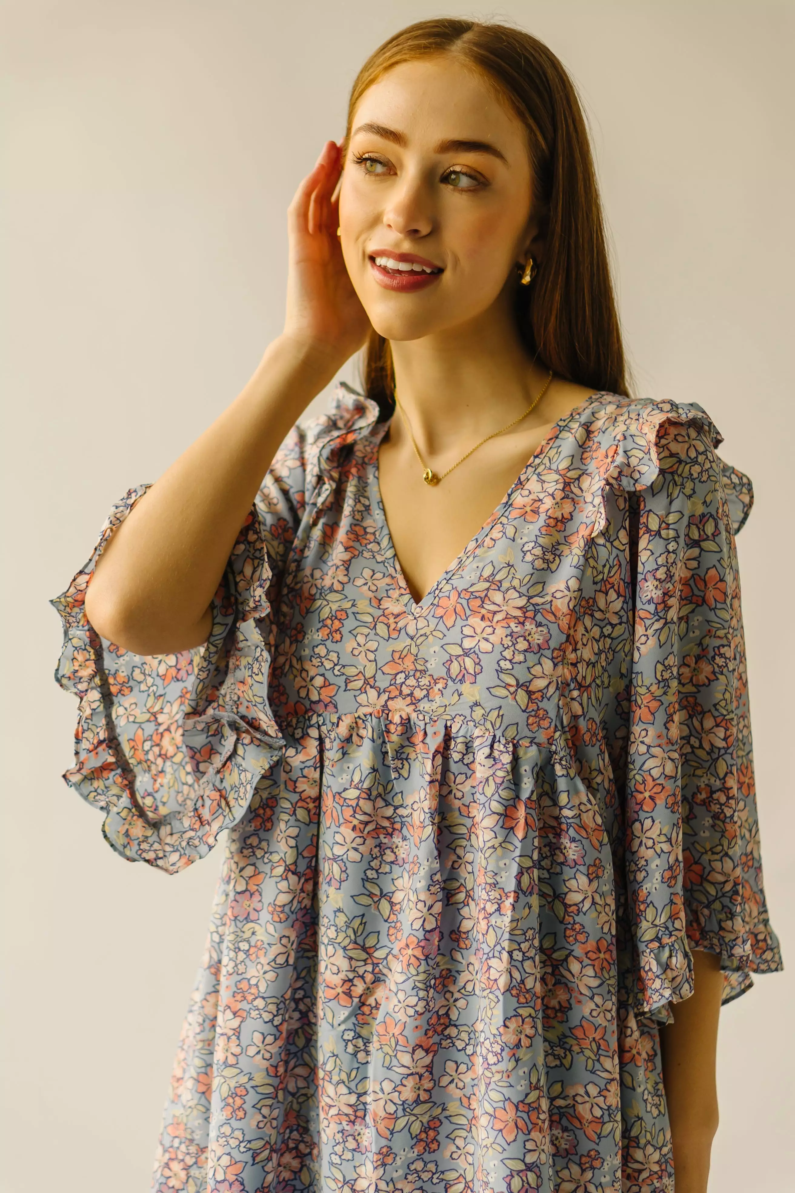 The Bethania Kimono Sleeve Babydoll Dress in Iris Blue