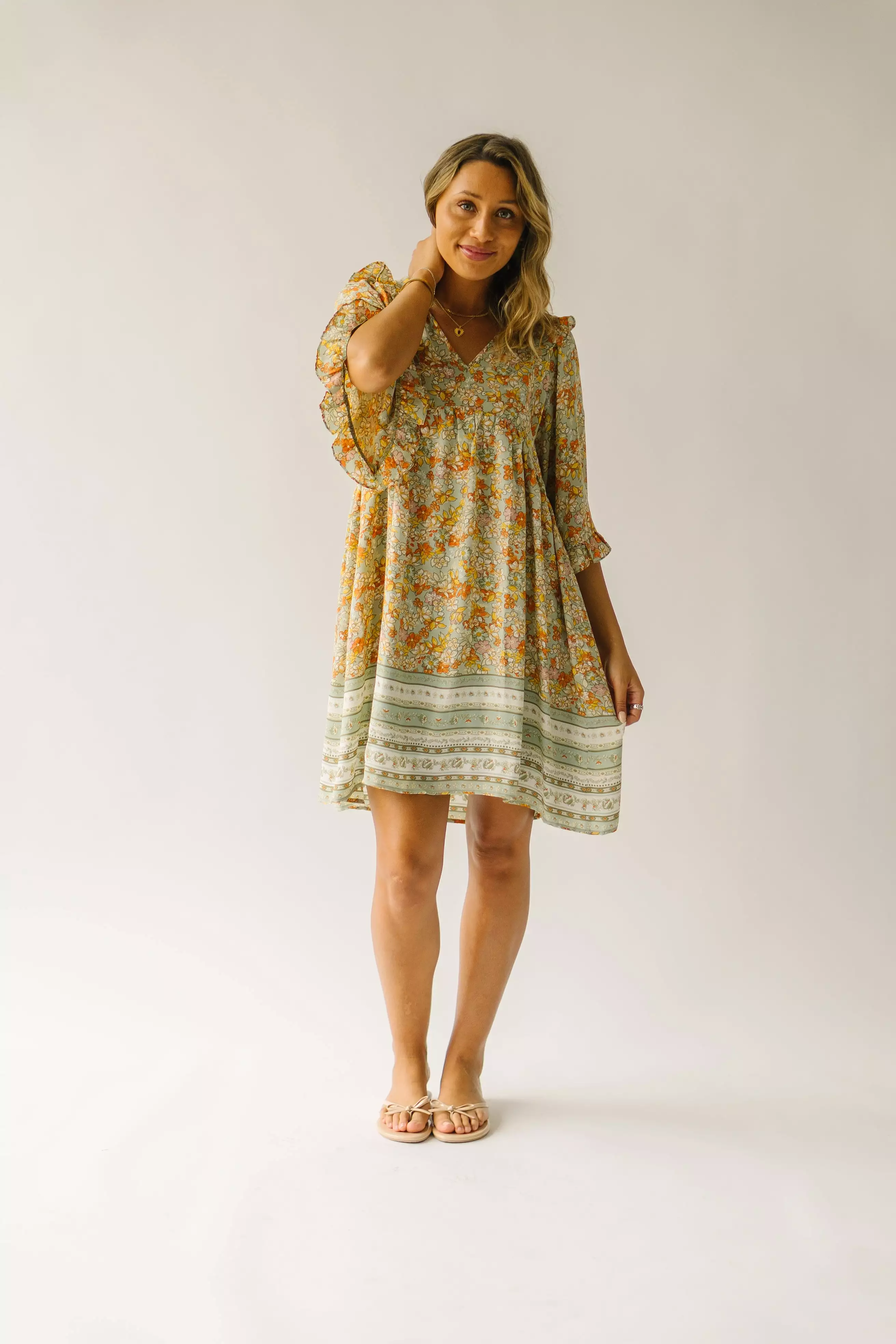 The Bethania Kimono Sleeve Babydoll Dress in Sage