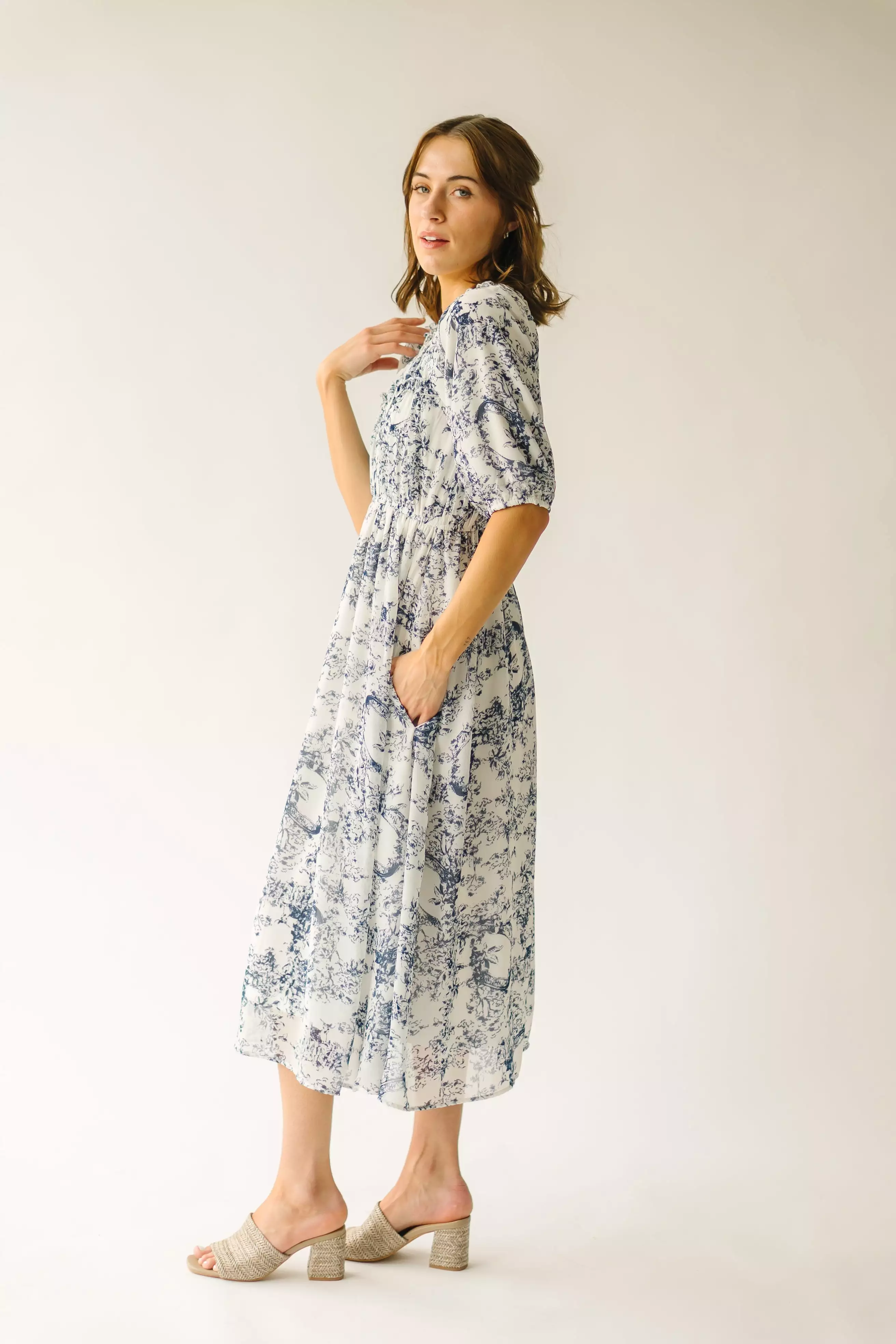 The Boulder Pleated Floral Dress in Blue Multi